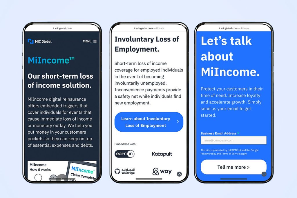 MIC Global website MiIncome page on mobile phone screens